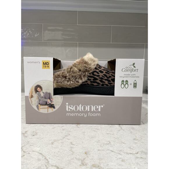 CHEETAH Ladies Med 7.5-8 Isotoner Memory Foam Hoodback ECO Comfort Slippers NIB - Picture 5 of 7